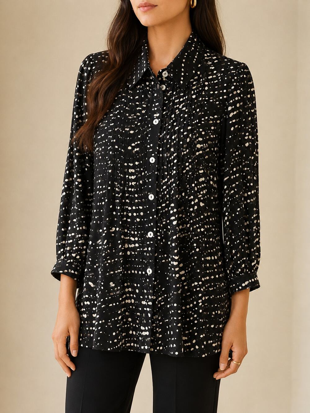 St. John Silk Shirt Womens 14 Black White Polka Dots Button Up Pintuck Tunic Top